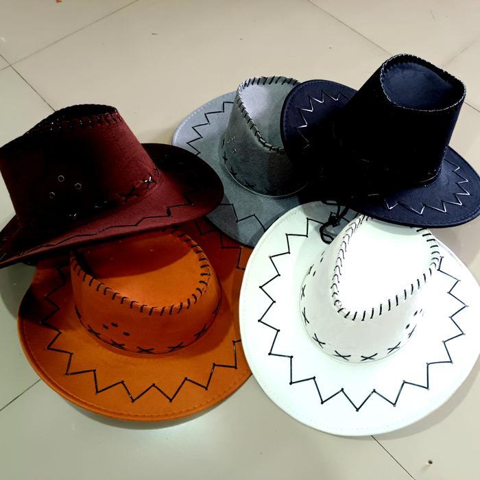 Topi Cowboy Dewasa Pria Wanita Modek ZikZak Bahan Semi Kulit Asli Mewah Diameter 57-60 Cm Warna Hita