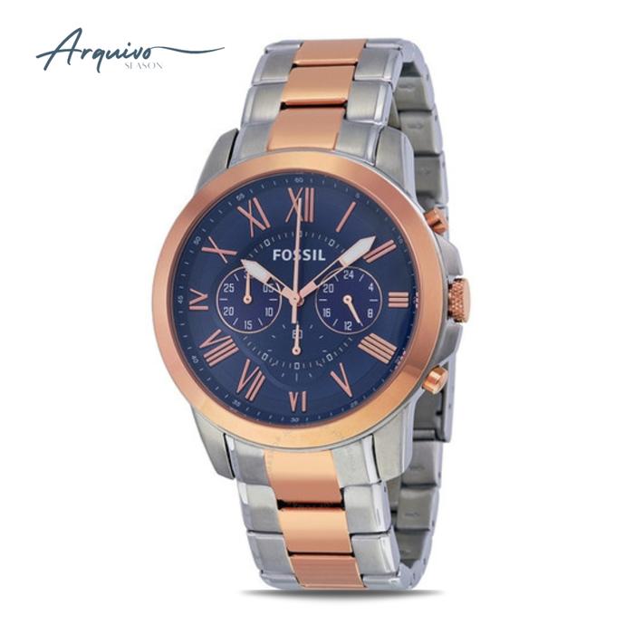 Jam Tangan Fossil Pria Grant Chronograph Silver Rosegold Stainless Steel Blue Dial Mewah Casual Orig