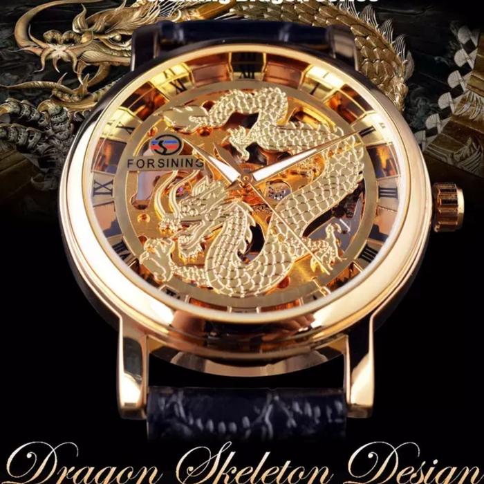 FORSINING Jam Tangan Desain dragon skeleton dengan Strap kulit