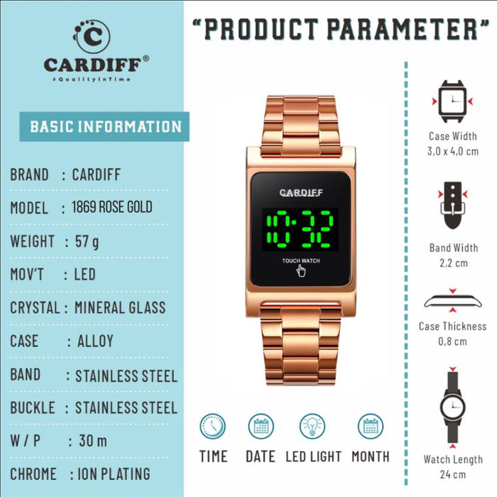 WTT CARDIFF Jam tangan LED touch screen sport pria wanita 1869 Stainless Rantai Tahan Air unisex
