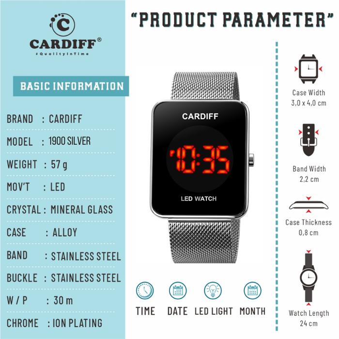 WTT CARDIFF Jam tangan LED touch screen sport pria wanita 1900 Stainless Rantai Tahan Air unisex