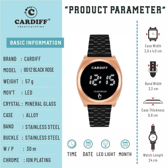 WTT CARDIFF Jam tangan LED touch screen sport pria wanita 8012 Stainless Rantai Tahan Air unisex