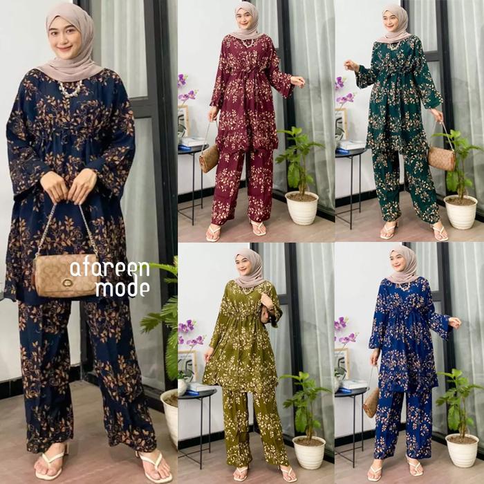 One Set Okinawa Rayon Jumbo Setelan Wanita Atasan Celana Panjang Daster Set Kekinian