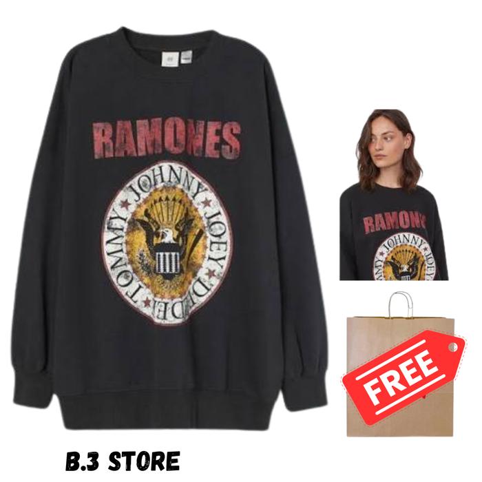 HnM Crewneck Sweater Pria Wanita H&M Ramones Hitam Fulltag