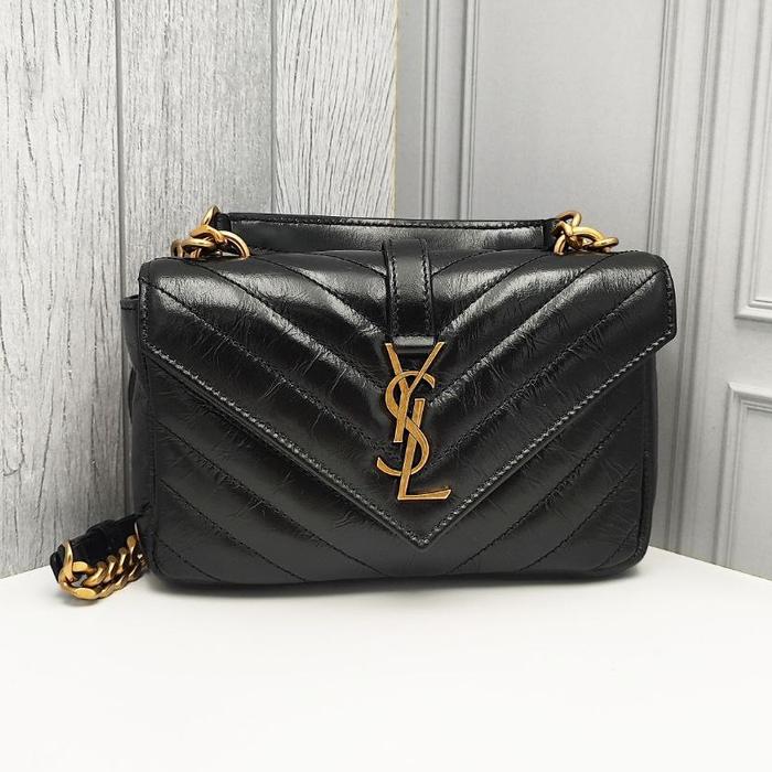 YSL Saint Laurent College Mini Chain Bag Shiny Crackled Leather Black Ghw