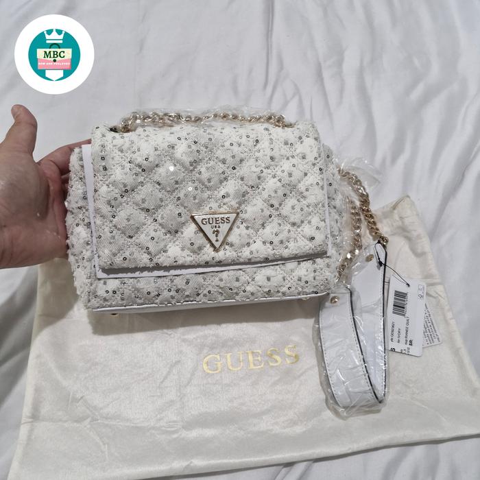 Tas sling rantai pesta Sequin Quilt White Guess