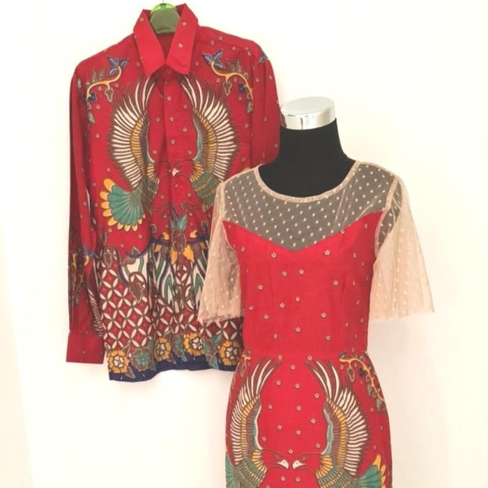 baju set batik couple merah dress wanita dan kemeja pria lengan panjang pakaian set kondangan lamara