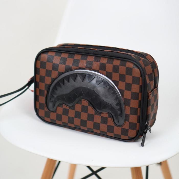 SPRAYGROUND Sharks In Paris Clear For Takeoff Toiletry Clutch Pouch Bag Brown