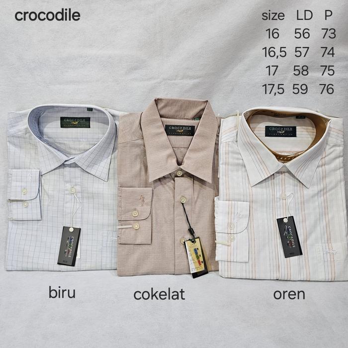 kemeja lengan panjang pria formal kantor orange oranye oren cokelat biru kotak garis crocodile