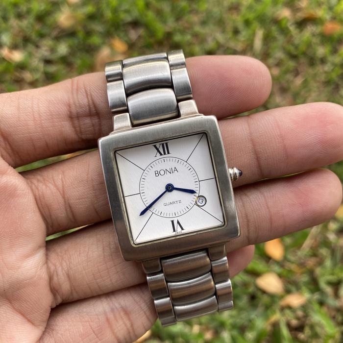 Jam tangan Tank Boni A Quartz Crown Batu kotak square tv jadul swiss 7 jewels mewah pria wanita vint