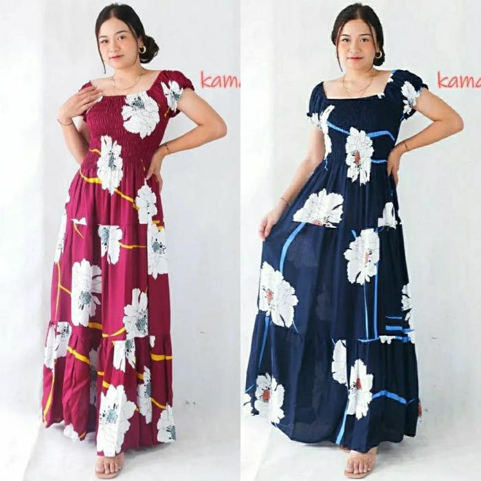 longdress canda daster kerut dada lengan balon