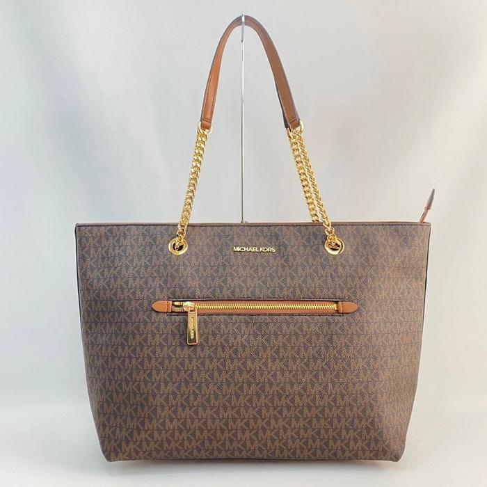 tas wanita mk large front zip chain tote brown vj