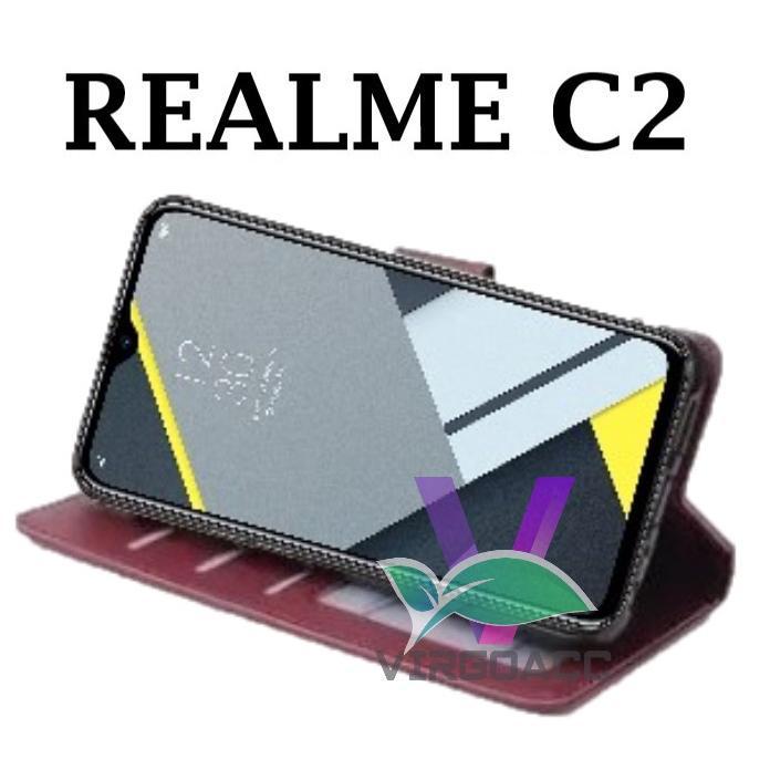 Terlaris Leather Flip Case Untuk Realme C2- Flip Cover Dompet Casing-Wallet Leather Case Flip Sarung