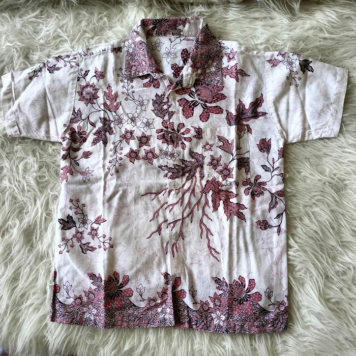 Kemeja batik putih motif batik ungu anak SD