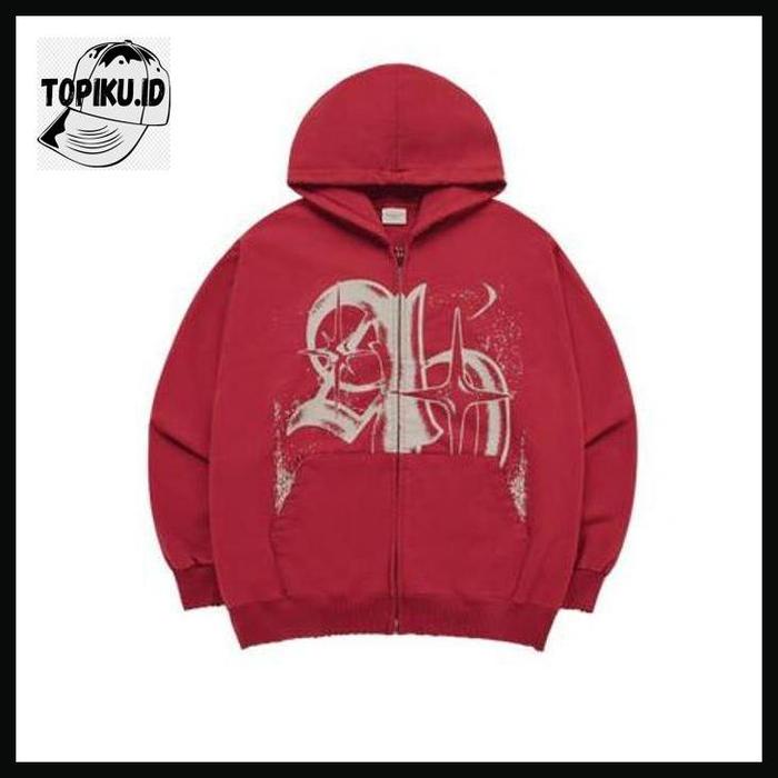 TOPIKU.ID [acme de la vie] Vintage Symbol Destroyed Washing Hoodie Zip Up Red