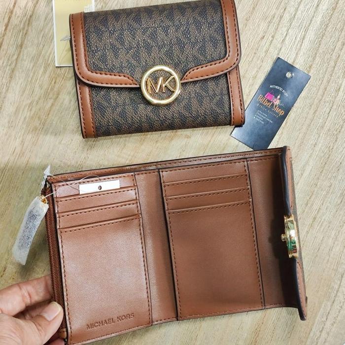 Dompet wanita branded original MK leida medium flap wallet signature brown