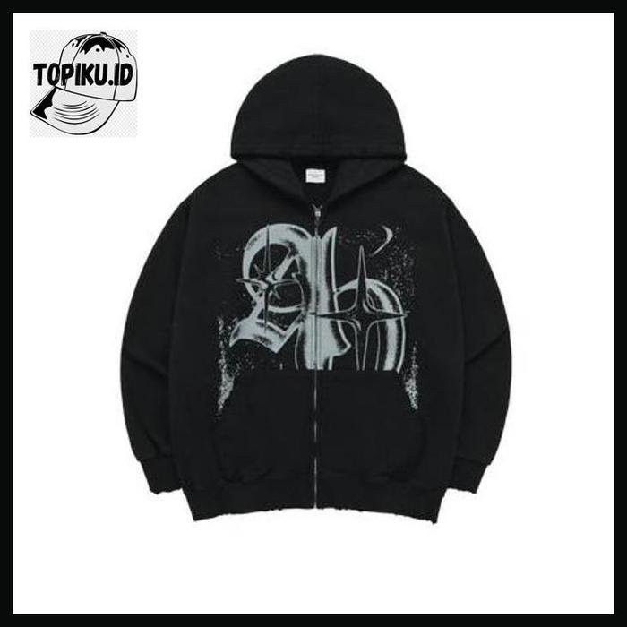 TOPIKU.ID [acme de la vie] Vintage Symbol Destroyed Washing Hoodie Zip Up Black