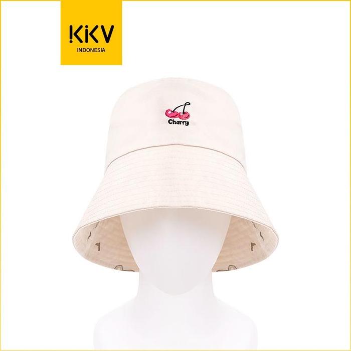 KKV Dylee&Lylee Topi Bucket Putih dengan Motif Ceri Wajah Tersenyum Terbalik Gaya Korea yang Segar