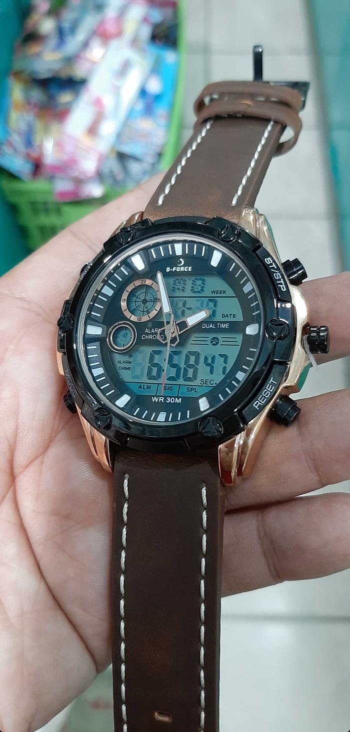 jam tangan pria d force dual time stainles stel sport strap kulit dual time fashion pria