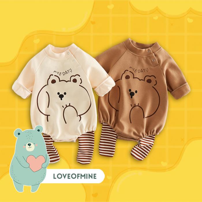 Set Baju Bayi Lengan dan Celana Panjang Beruang Gaya Korea Katun