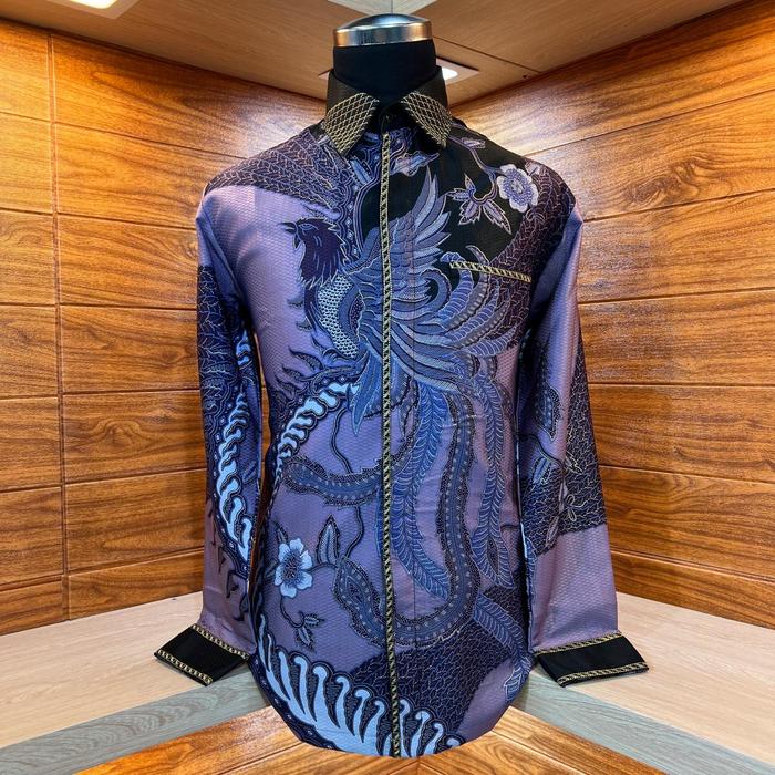 Kemeja Batik Pria Panjang BAGUS Bahan PREMIUM Motif Sutra Tulis Ungu Purple Jahit Benang Timbul Mewa