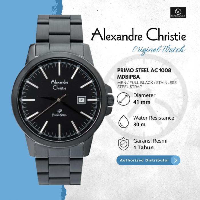 Jam Tangan Pria Alexandre Christie AC 1008 Original Tanggal Aktif Strap Stainless Steel - Full Hitam