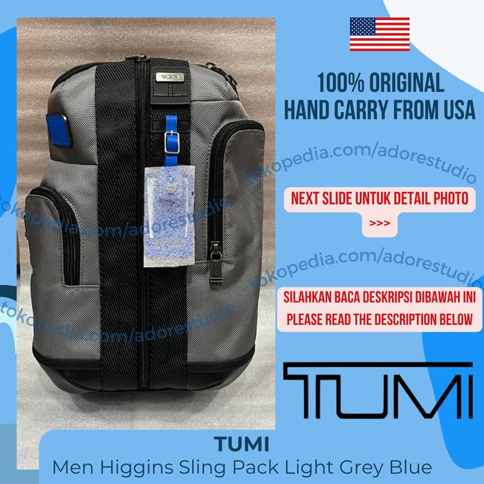 TUMI Higgins Sling Bag Canvas Grey List Blue TUMI Men Higgins Sling Pack Light Grey Blue Tas Selempa
