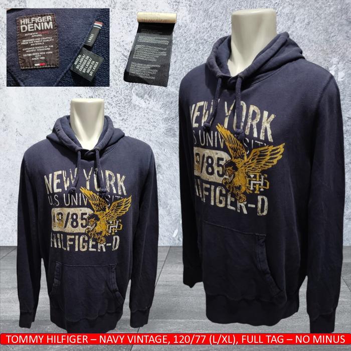 Sweater Hoodie Tommy Hilfiger Original Vintage Sablon, Navy - Thrift