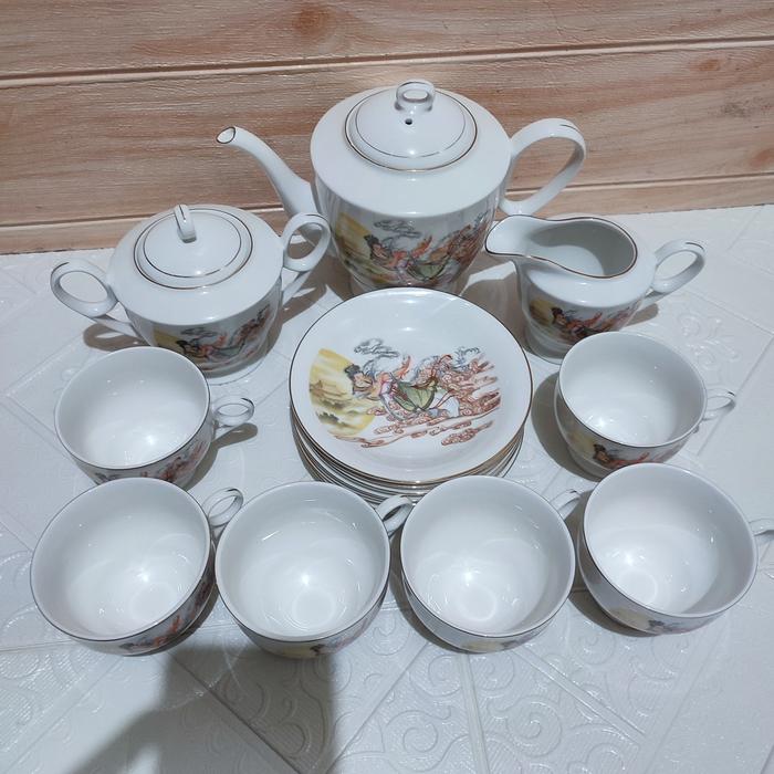 teh pot set kramik antik, lawas