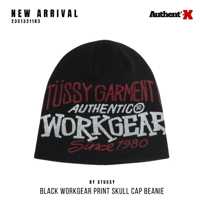 STUSSY WORKGEAR PRINT SKULLCAP BEANIE HAT - BLACK