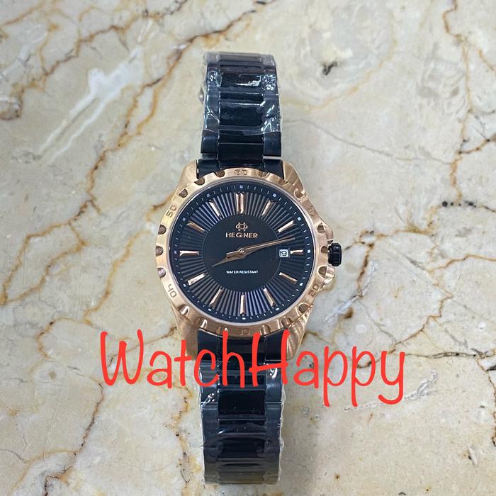 JAM TANGAN HEGNER 1688 HW1688 HW 1688 LADIES ANALOG QUARTZ MOVEMENT BLACK ROSE GOLD STAINLESS STRAP