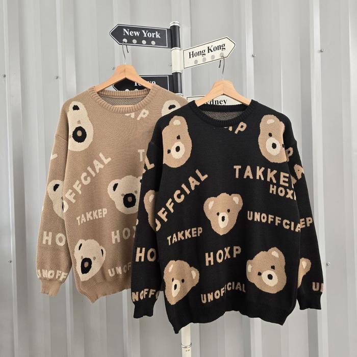 TAKKEP BEAR - Sweater Rajut Korean Style / Sweater Motif Bear / Sweater Wanita