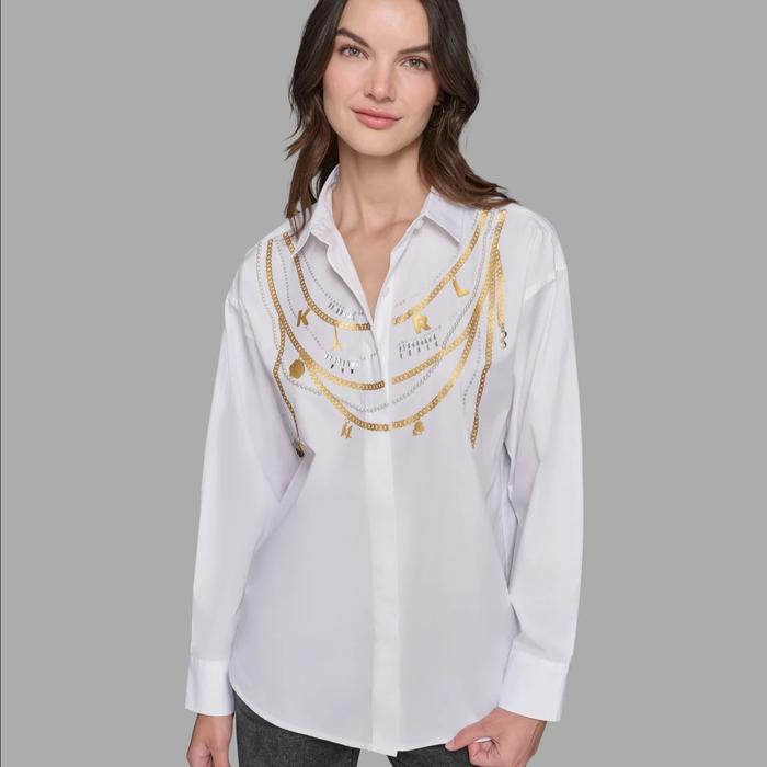karl lagerfeld kemeja wanita OF 115 KARL CHARMS AND PEARLS POPLIN original white