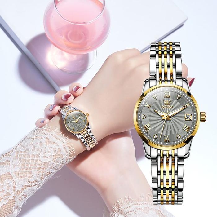 OLEVS Jam Tangan Automatic Wanita Fashion Manis Stainless Steel Kalender Analog Luminous Women Watch