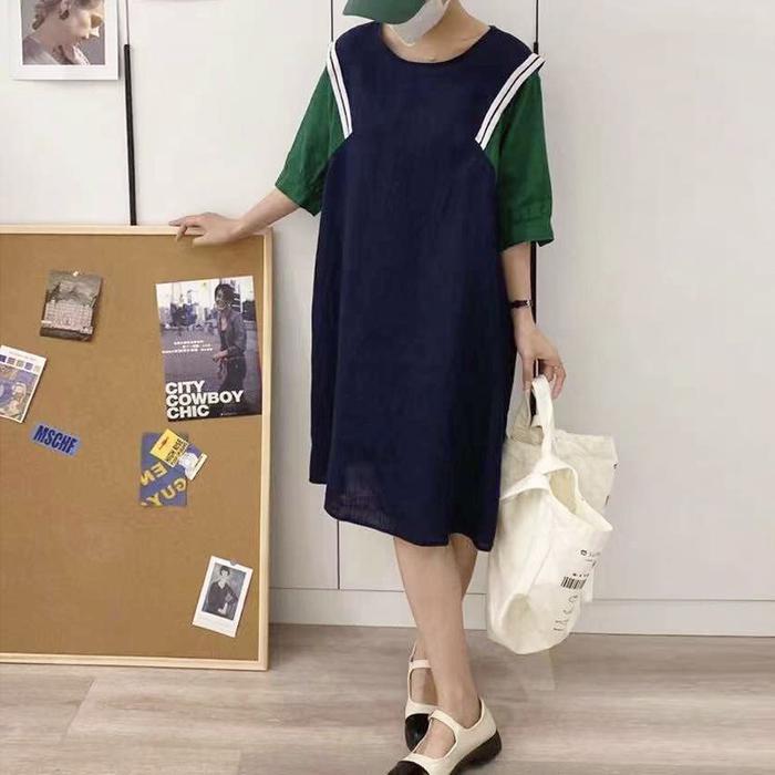 DRESS MIDI LINEN PREMIUM DUOTONE BIRU NAVY HIJAU BAHU KAOS RIB KOREA IMPORT