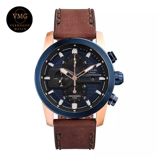 Jam Tangan Pria Analog Alexandre Christie AC 6562 Mc / 6562MC Blue Dial Brown Leather Strap