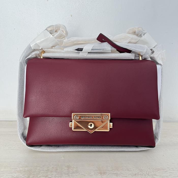 Tas Wanita MK Cece Leather Small Convertible Flap Crossbody Dark Cherry