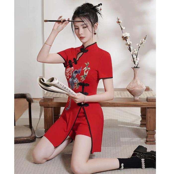 BAJU IMLEK CHEONGSAM WANITA IMPORT 2 SET DENGAN CELANA MINI ROK PENDEK PAKAIAN TAHUN BARU CHINESE CH