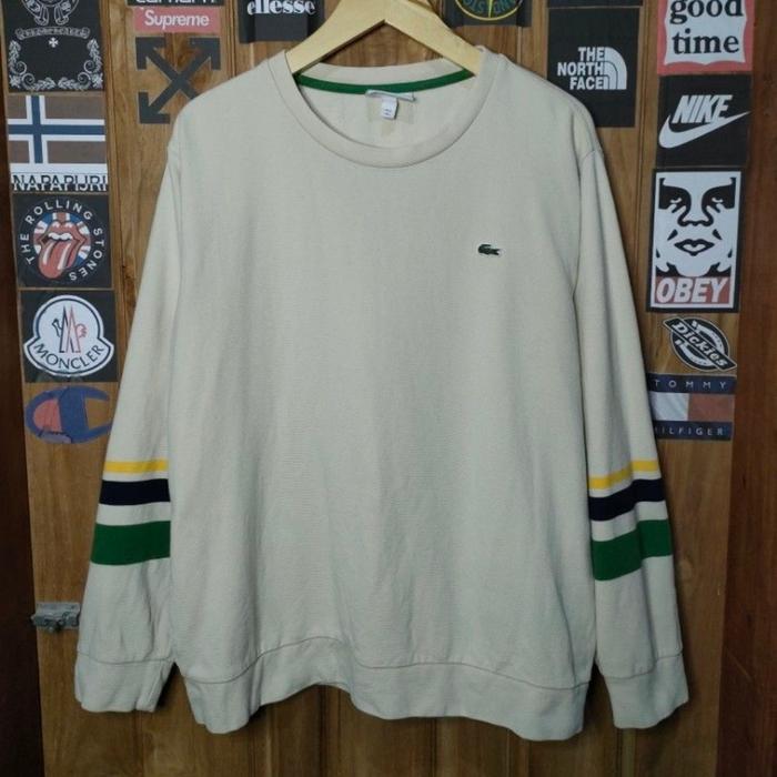 Lacoste Sleeve Stripe Sweater , Crewneck Lacoste garis lengan Original, crewneck Lacoste rare item