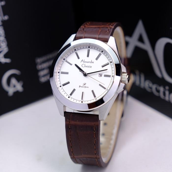 JAM TANGAN WANITA ALEXANDRE CHRISTIE AC 1015 AC1015 SILVER BROWN LEATHER ORIGINAL