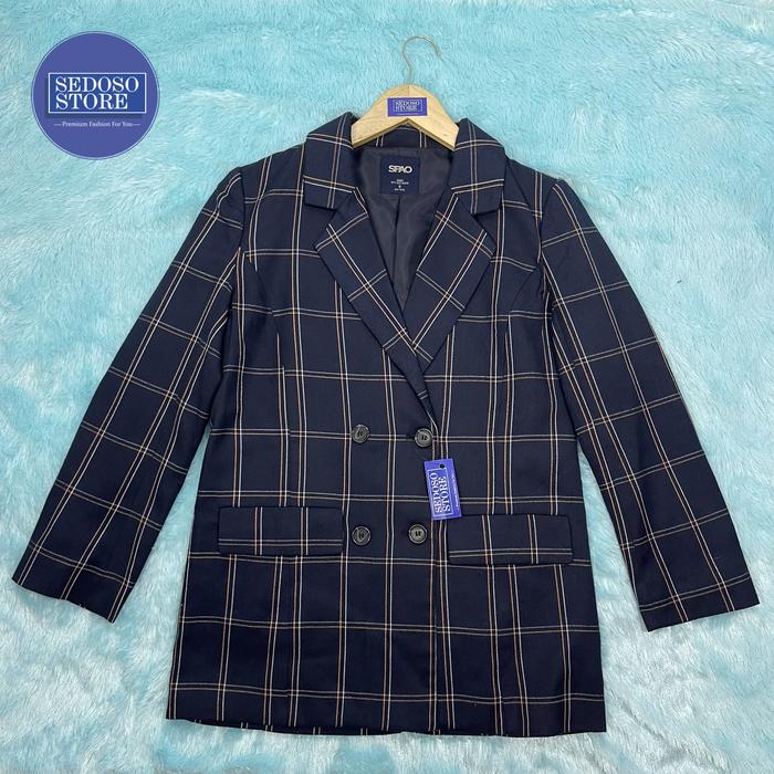Blazer Wanita Navy Motif Garis Kotak Brand SPAO
