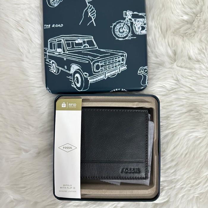 Dompet Pria Fossil Brooks Black Bifold Men Wallet Leather