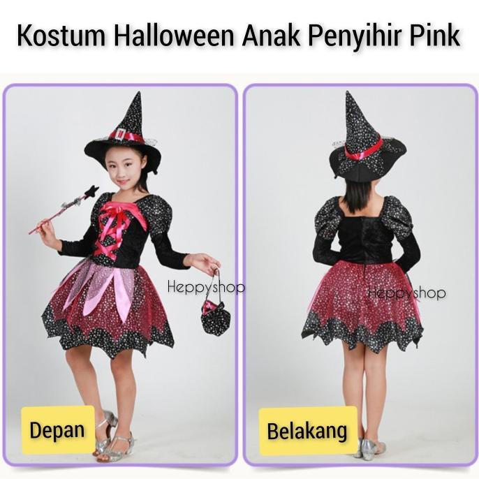 Kostum Halloween Anak Penyihir Pink Witch Cosplay Nenek Sihir