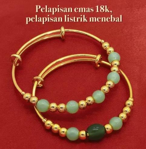 Gelang GiokHijau Lapis Emas Wanita Gelang Keberuntungan Dan Kekayaan