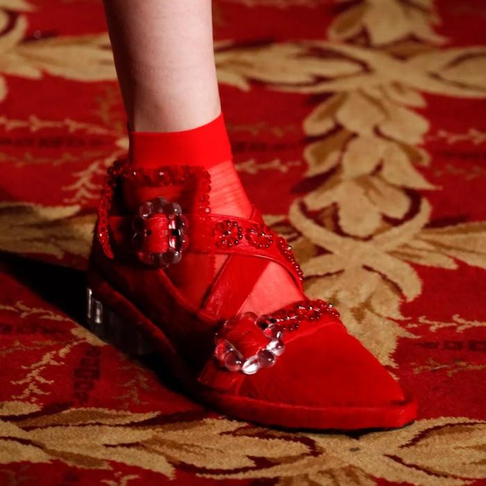 【 SIMONE ROCHA 】 WOMAN EMBELLISHED BOUCLE- RED LEATHER SHOES ( size : 39 )