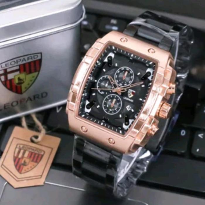 JAm tangan Pria Leopard 8018M tali rantai tanggal aktif chrono off analog original