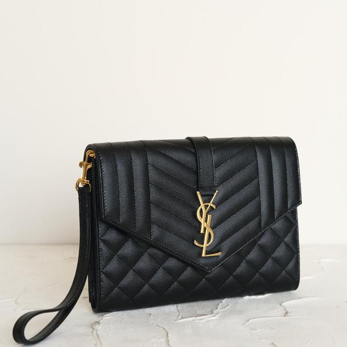 YSL / Saint Laurent Monogram Envelope plaque wrislet clutch Black GHW (chain not included) Size 21 x
