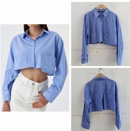 ZARA WOMAN KEMEJA POCKET STRIPE CROP SHIRT BARU ASLI ORIGINAL