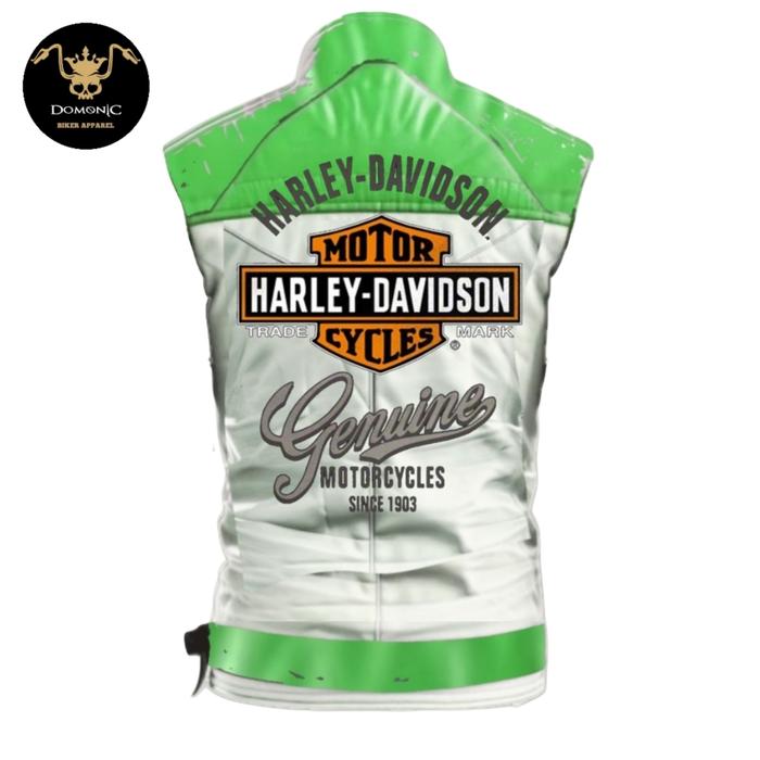 CUSTOM VEST KULIT HARLEY DAVIDSON ROMPI  VEST  JAKET KULIT SAPI ASLI IMPORT - GREEN - HIJAU PUTIH