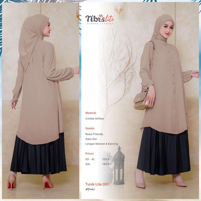 Nibras Tunik Terbaru Lite 001 Warna Coklat Khaki Polos Atasan Blus Wanita Cantik Busui Friendly Harg